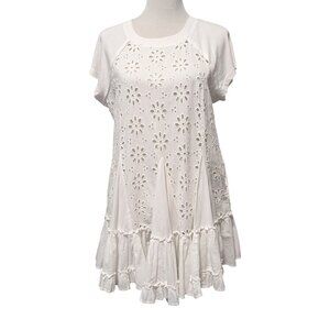 Free People Womens Sz S White Sadler Floral Eyelet Ruffle S/S Mini Dress No Slip